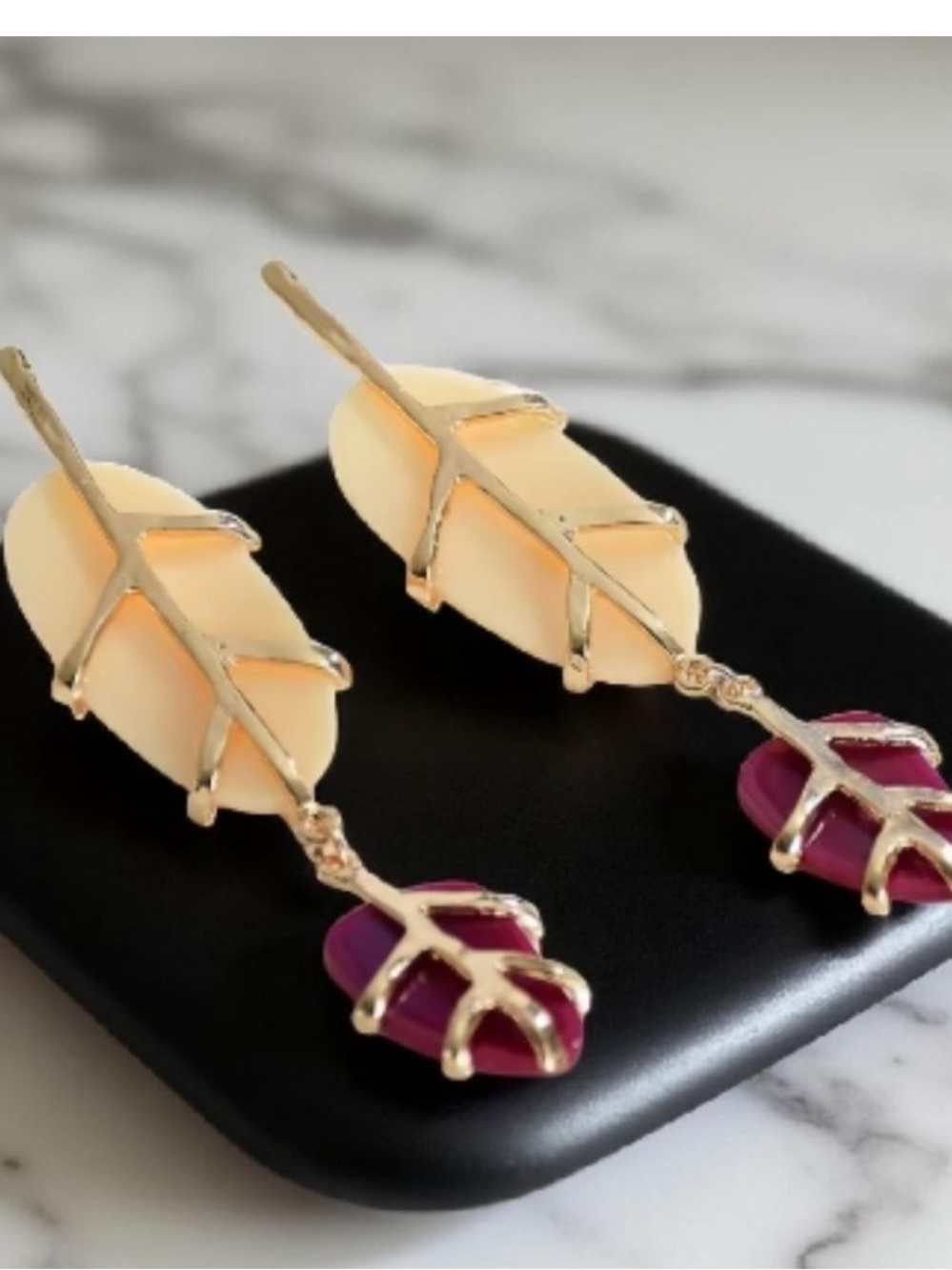 Zara Gold Branch Ivory & Berry Resin Stone Drop Earrings NWOT - Picture 3 of 8